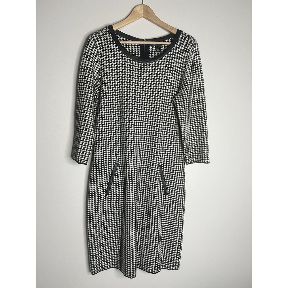 LAUREN Ralph Lauren Leather Piping Houndstooth Dress Women Size Large Genuine
